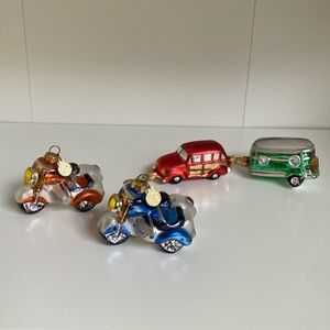 Dept 56 motorcycle station wagon trailer travel vacation ornaments